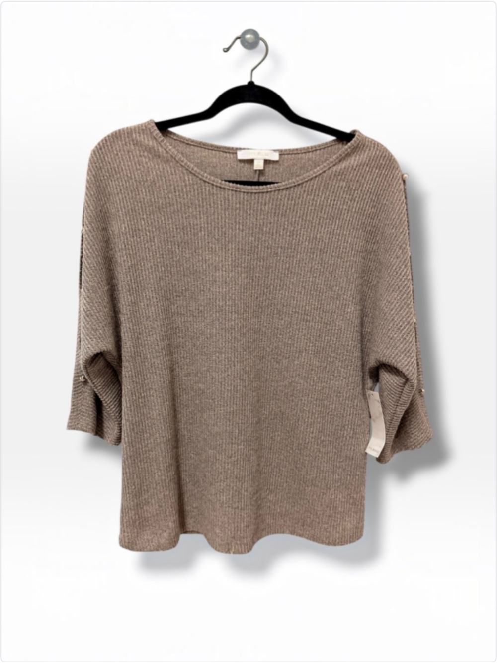 Ivy Ridge Pearl Button Sleeve Ribbed Knit Dolman Sweater Top Taupe Women M